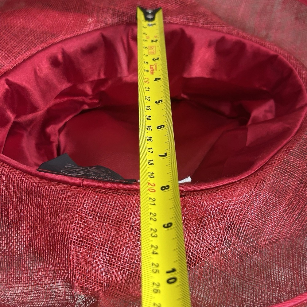 Plaza Suite NY Red Sinamay Derby Church Hat Feather Red Hat Society OS - Picture 8 of 10